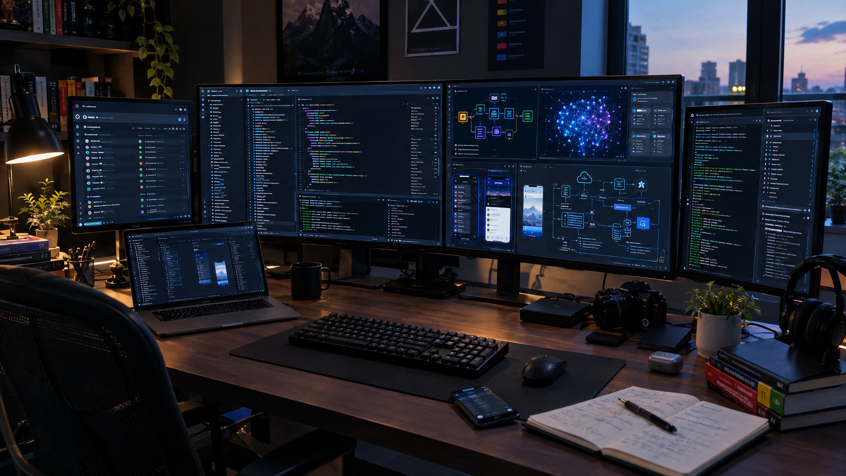 A modern developer workspace featuring AI, open-source code, and software engineering concepts.