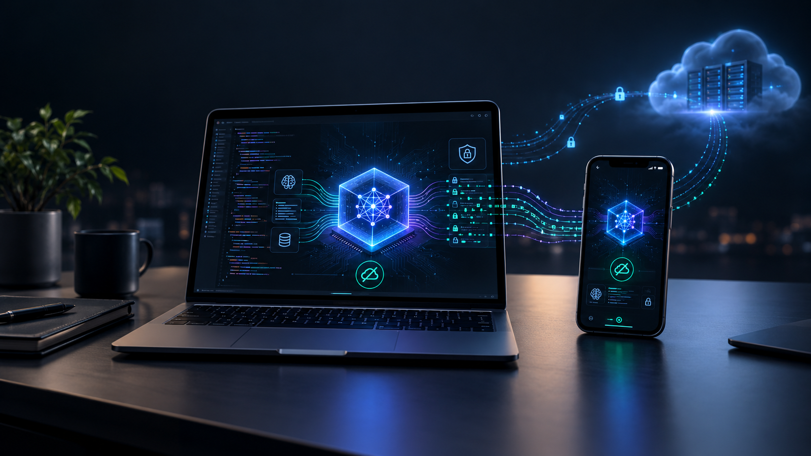 Laptop and smartphone running AI locally, with glowing data flows connecting them to a distant cloud.
