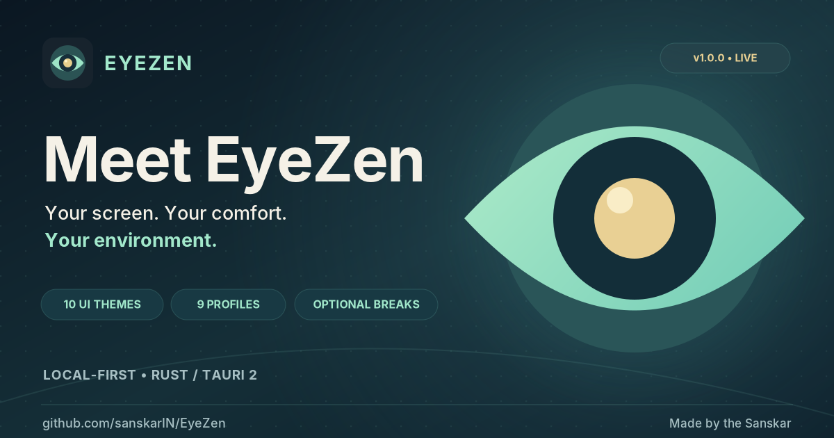 EyeZen v1.0.0 editorial cover with a geometric eye illustration, dark blue background and information about the open-source desktop application.