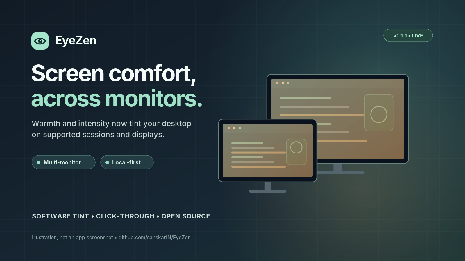 EyeZen v1.1.1 release announcement featuring illustrated desktop monitors with warm screen tinting.