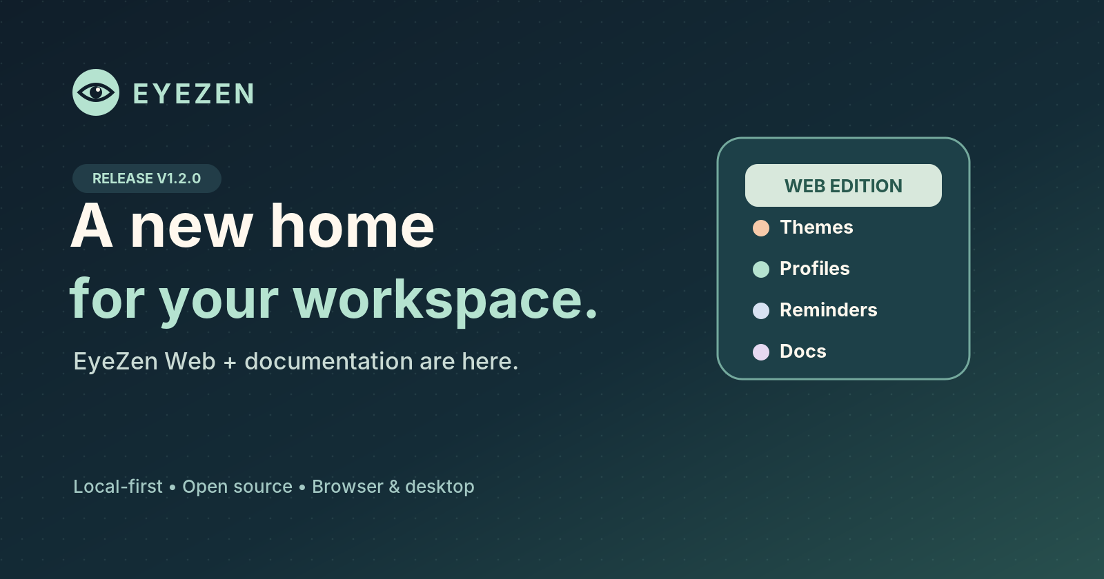 EyeZen v1.2.0 article cover with the headline A new home for your workspace, announcing the web edition and documentation.