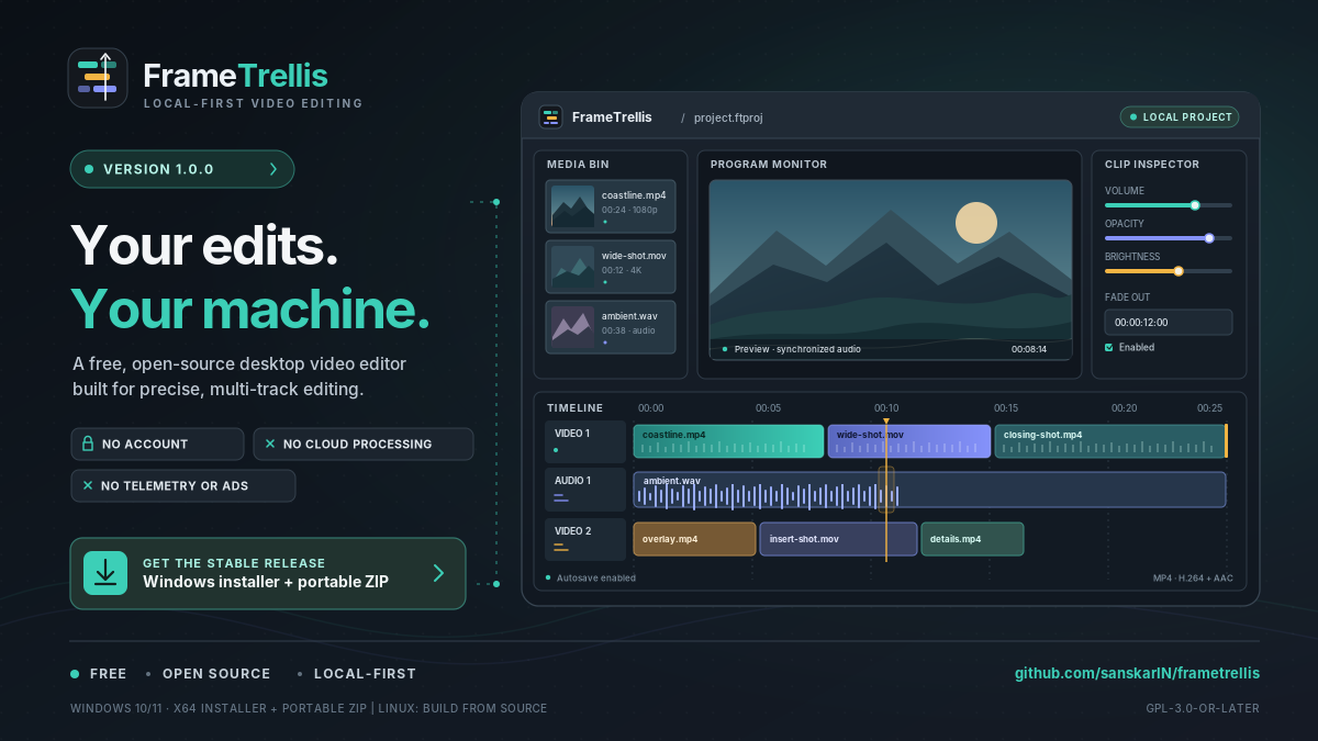 Dark navy launch graphic with teal and lavender accents announcing “FrameTrellis v1.0.0 — First Stable Release.” It promotes a free, open-source, local-first desktop video editor. An illustrated editor interface shows a video preview, media bin, clip
