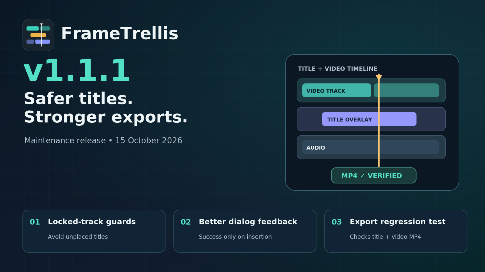 FrameTrellis v1.1.1 release banner featuring the project logo, editing timeline illustration, and maintenance update highlights.