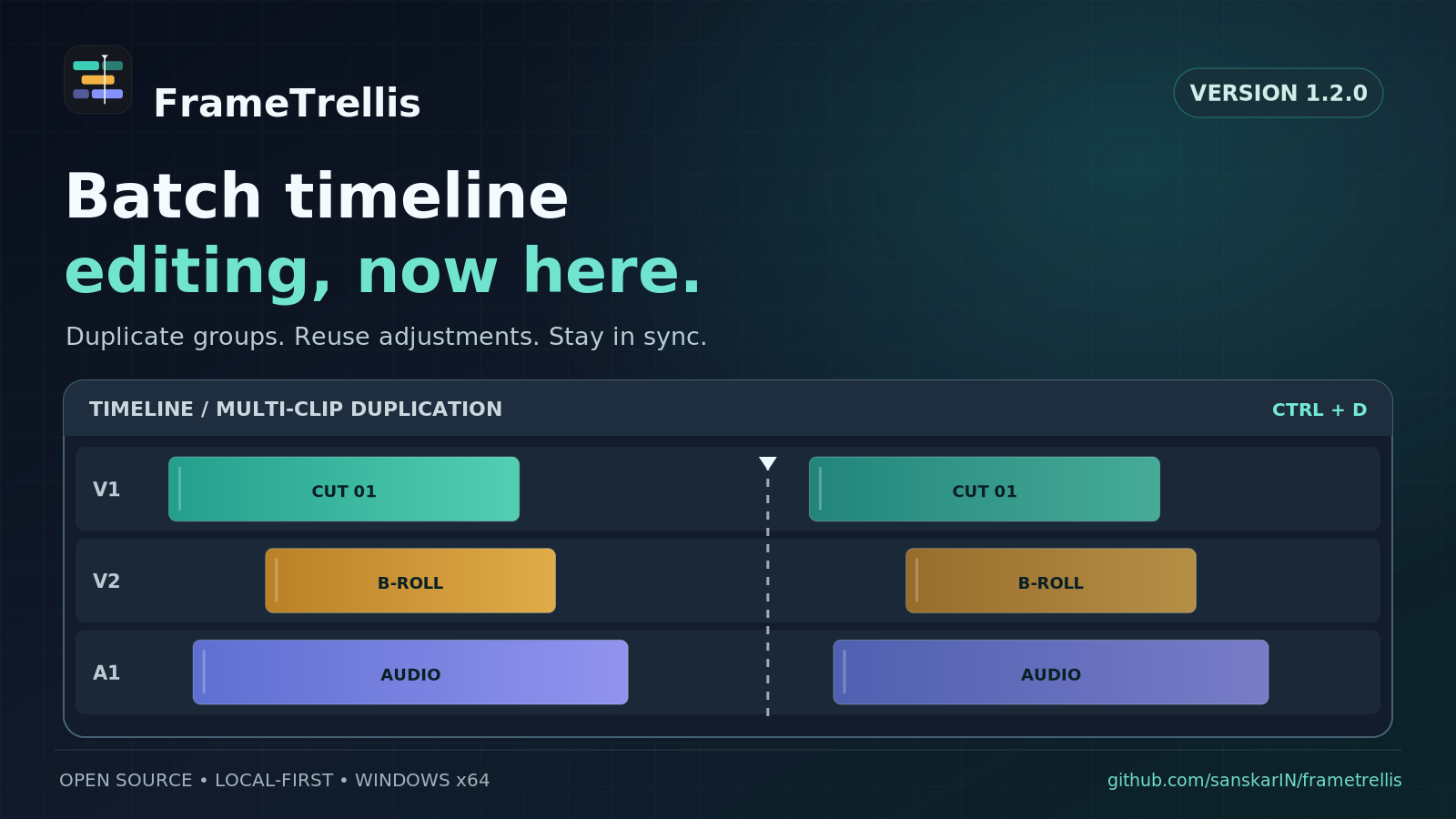 FrameTrellis v1.2.0 release illustration featuring multi-track duplication