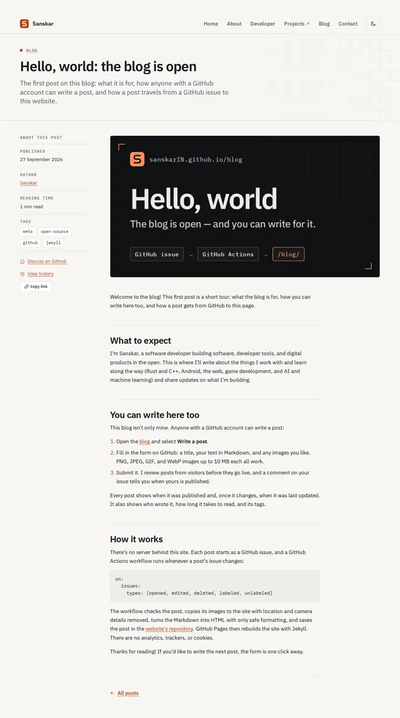 Dark cover with the S logo and the address sanskarIN.github.io/blog, the words "Hello, world. The blog is open, and you can write for it.", and three steps: GitHub issue, GitHub Actions, /blog/.