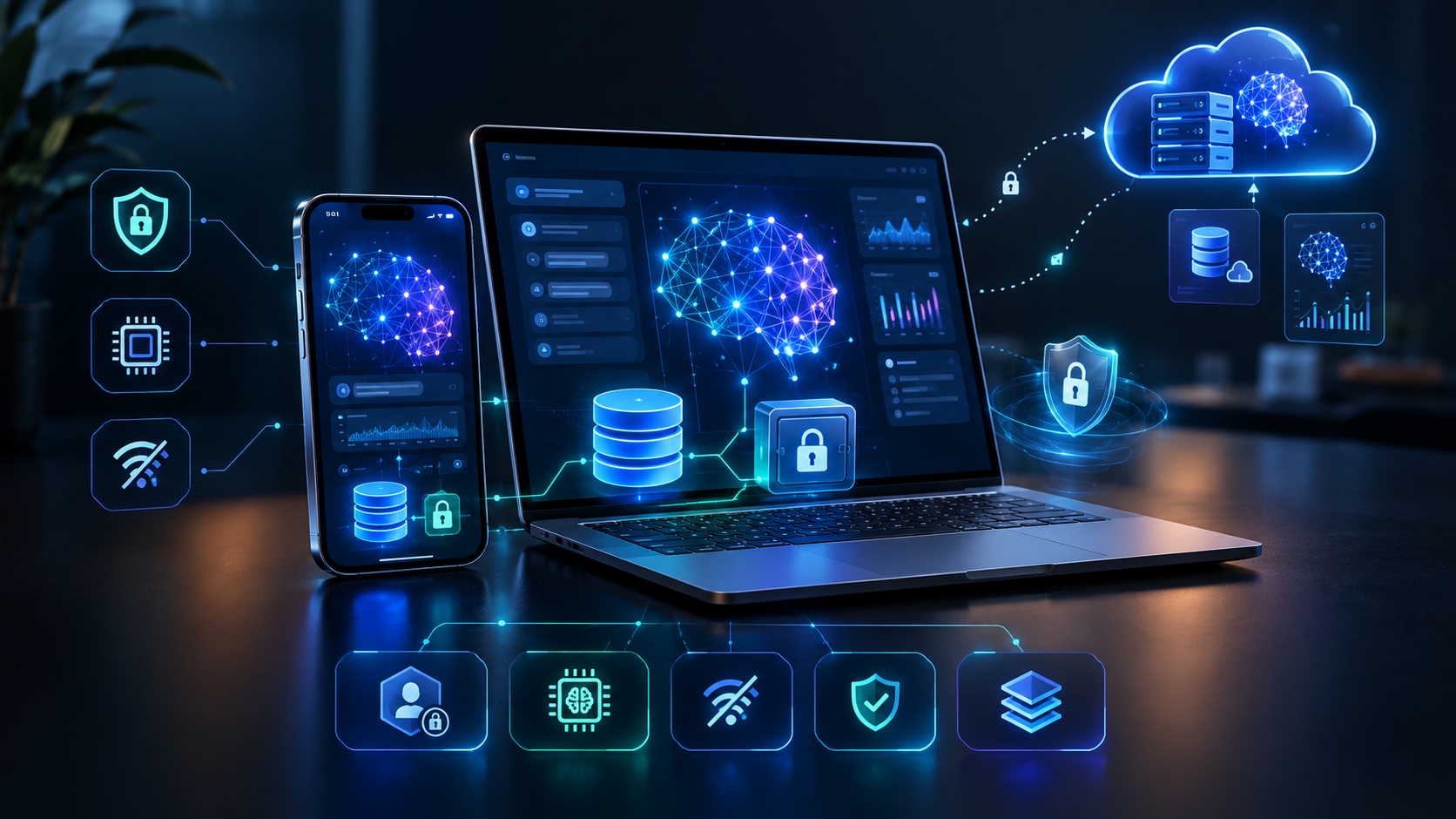 A smartphone and laptop running AI locally, connected to secure storage and an optional cloud service, representing private and offline-first AI software.