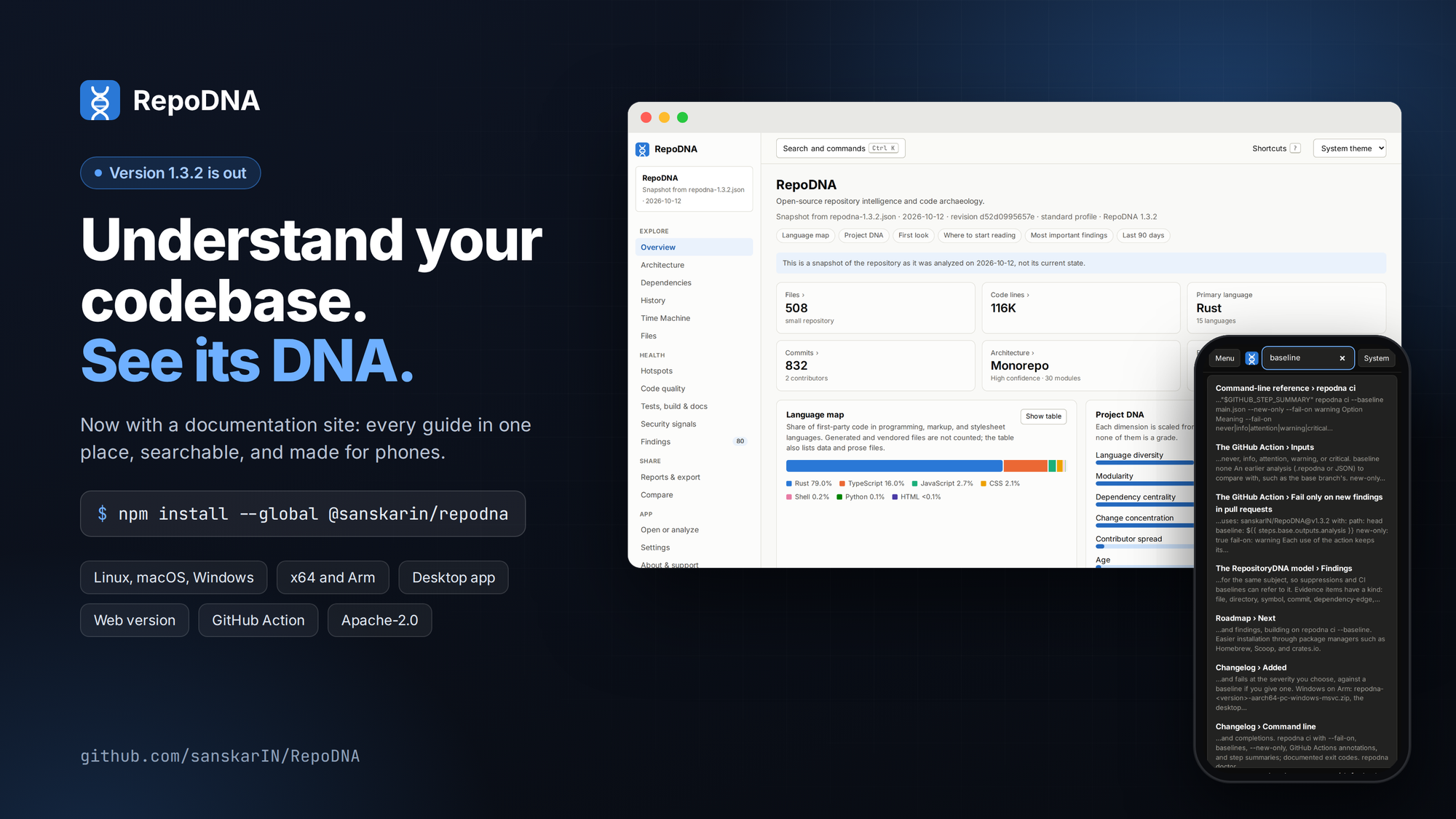 RepoDNA v1.3.2 launch graphic announcing the latest release of the open-source repository intelligence project.