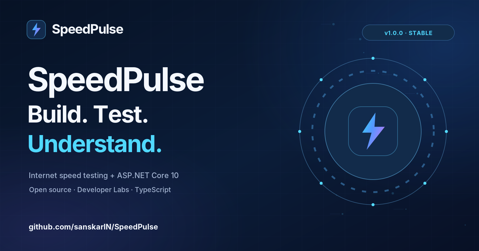 SpeedPulse v1.0.0 article cover with a dark navy background, the headline “Build. Test. Understand.” and a glowing lightning bolt surrounded by circular network graphics. The banner highlights internet speed testing, ASP.NET Core 10, TypeScript, and