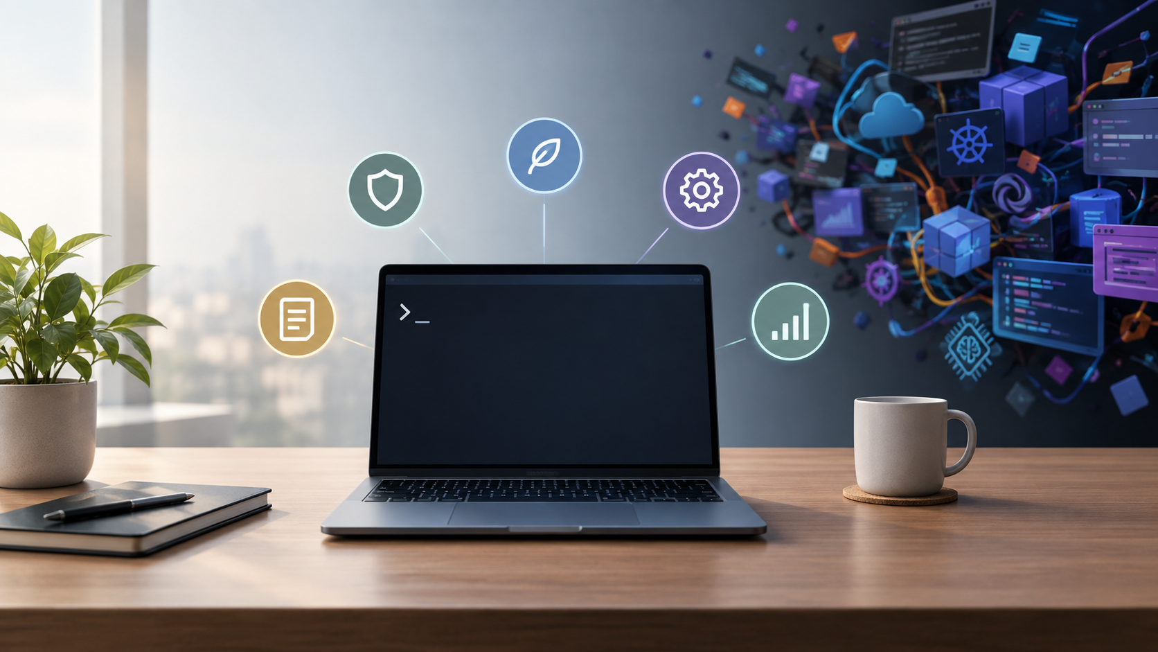 A calm developer workspace contrasting flashy technology with a simple, reliable software tool at the center.