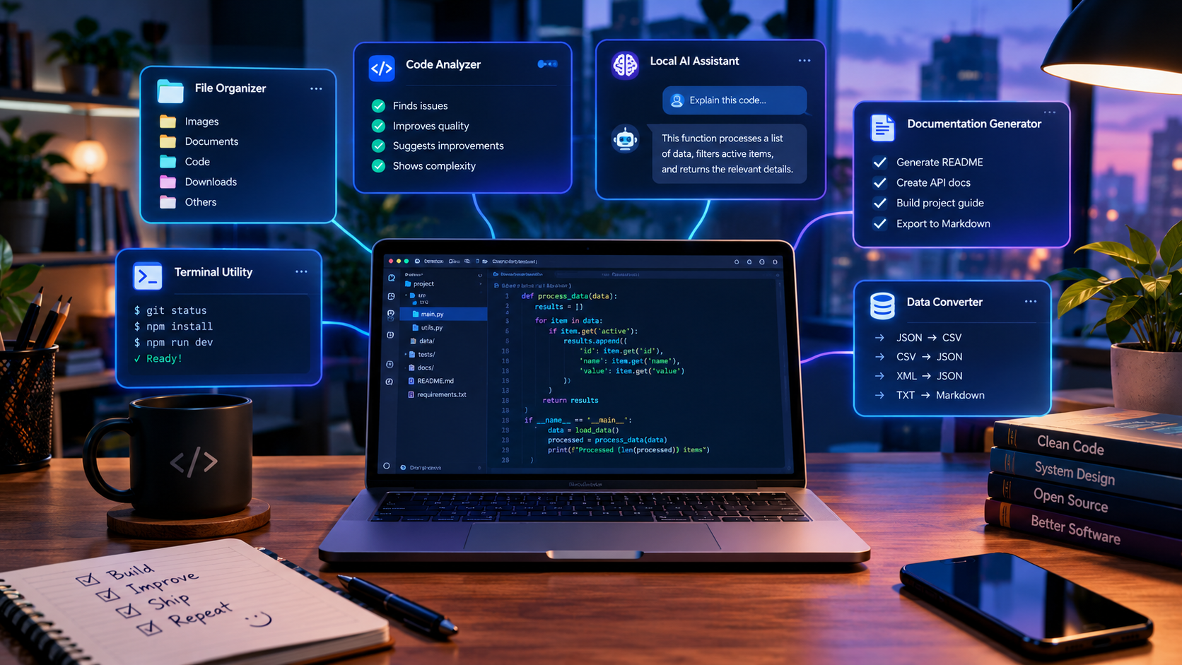 A modern developer workspace with a laptop and glowing panels representing coding, AI, file management, documentation, and data tools.