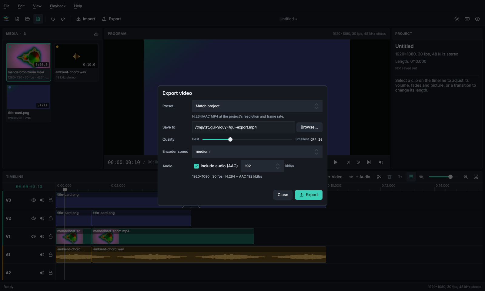 The export dialog with a preset, the destination file, a quality slider, the encoder speed and audio settings