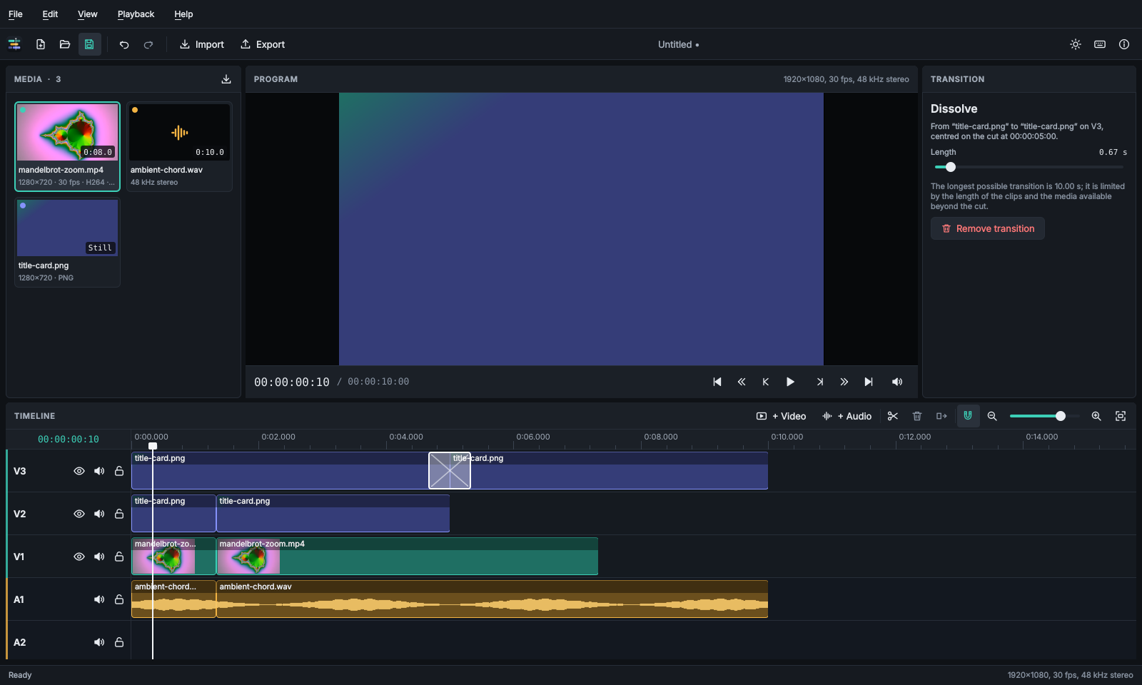 A dissolve between two clips selected on the timeline, with its length shown in the inspector