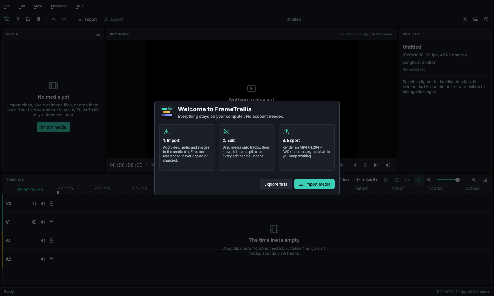 The first-run guide explaining the three steps of an edit: import, edit and export
