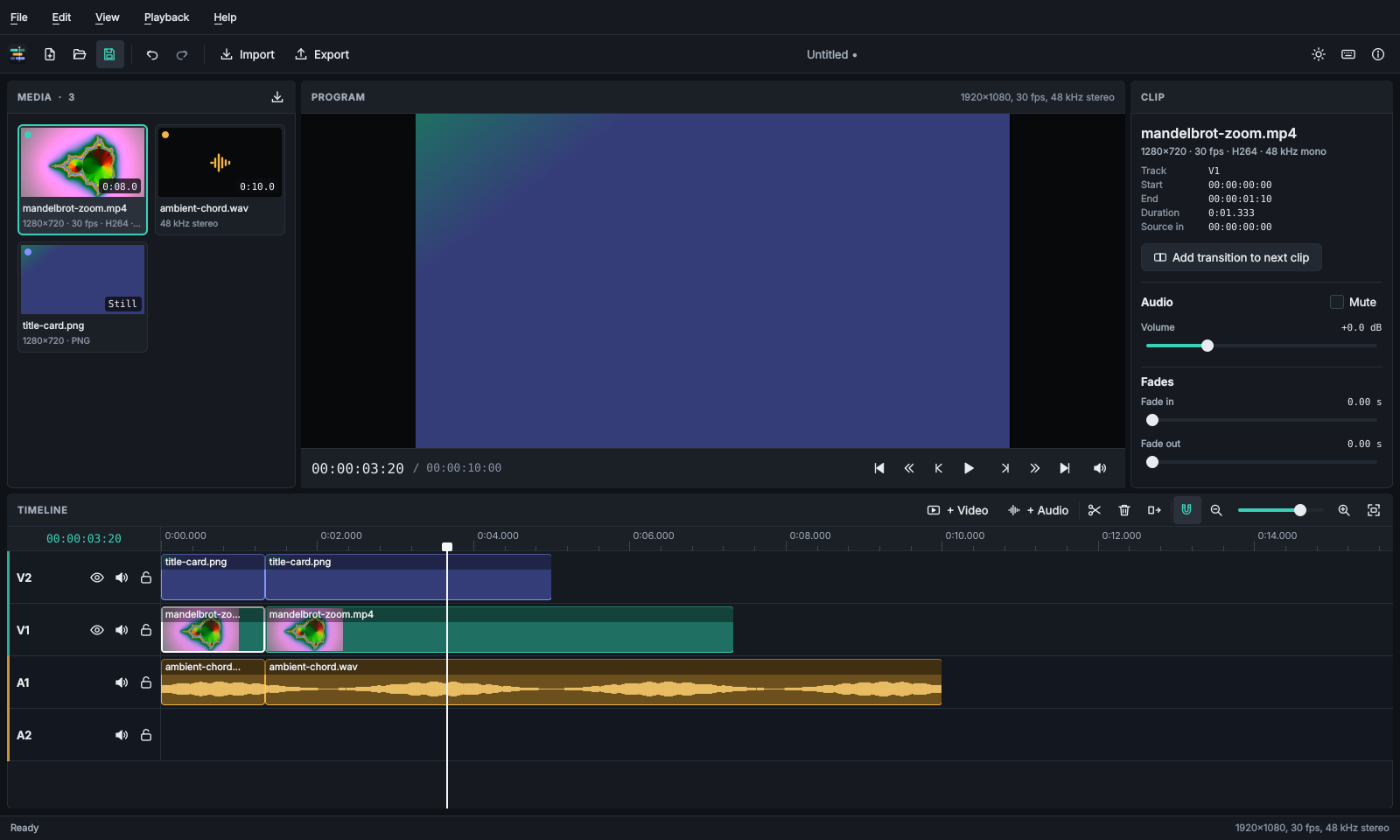 The FrameTrellis workspace: a media bin with three files, the program monitor, the clip inspector with volume and fade controls, and a timeline with two video tracks and an audio track